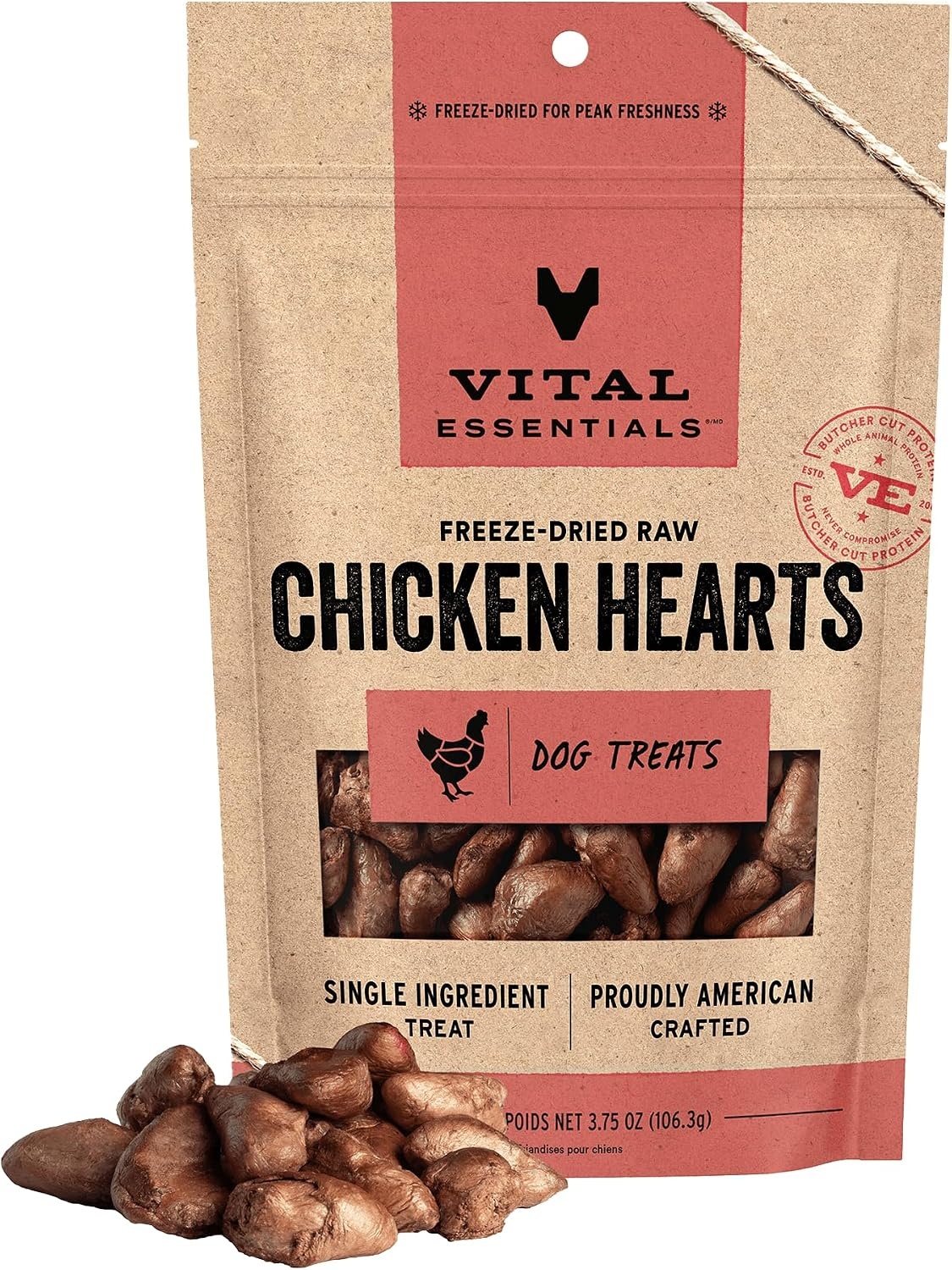 image:imageVital Essentials Freeze Dried Raw Chicken Hearts Dog Treats 375 oz Bag Single Ingredient Premium Quality Protein Grain Free USA Made with US amp Globally Sourced IngredientsChicken Hearts