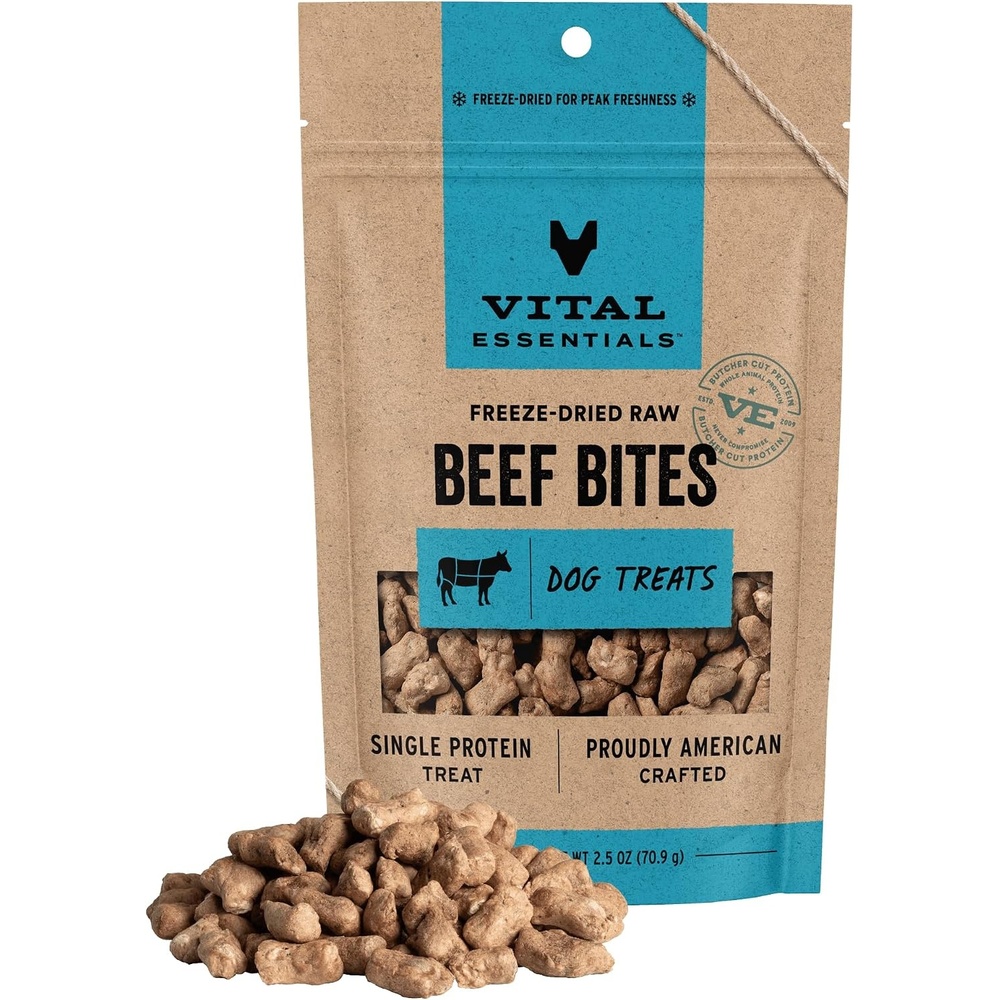 image:imageVital Essentials Freeze Dried Dog Treats Beef Bites 62 oz Bag Single Protein Made With Beef amp Liver Premium Quality Protein GrainFree Training TreatsBeef