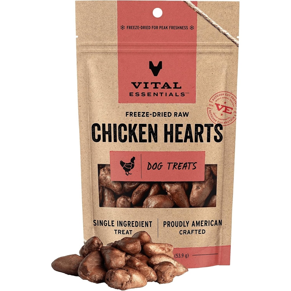 image:imageVital Essentials Freeze Dried Raw Chicken Hearts Dog Treats 375 oz Bag Single Ingredient Premium Quality Protein Grain Free USA Made with US amp Globally Sourced IngredientsChicken Hearts