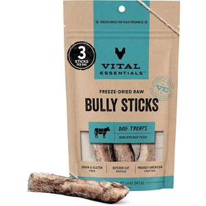 Vital Essentials Freeze Dried Bully Sticks Dog Treats, 1.4 oz Bag (3 Count) | Single Ingredient, Premium Quality Protein, Long Lasting, Grain Free, USA Made With U.S. & Globally Sourced Ingredients(Beef)