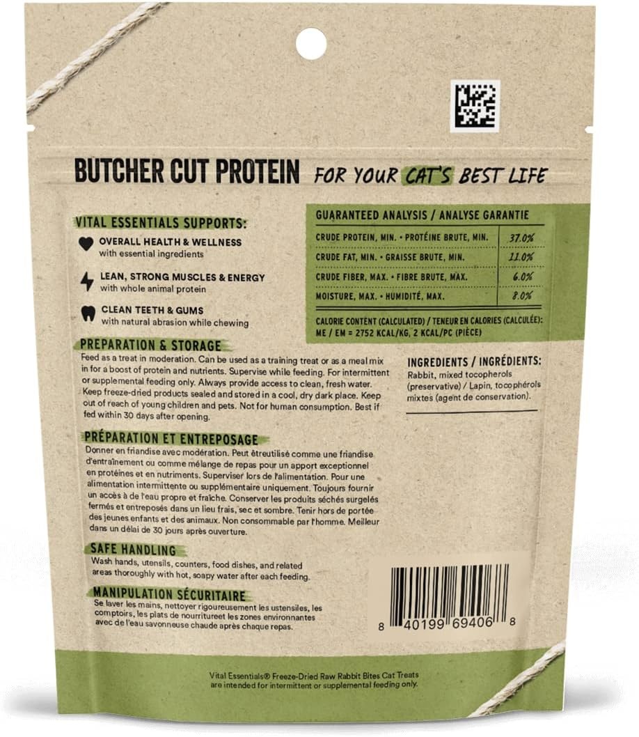image:imageVital Essentials Freeze Dried Cat Treats Rabbit Bites 09 oz Bag Crunchy Single Ingredient Premium Quality Protein Grain Free USA Made with US amp Globally Sourced IngredientsRabbit
