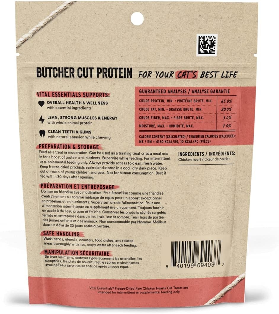 image:imageVital Essentials Freeze Dried Raw Chicken Hearts Cat Treats 08 oz Bag Single Ingredient Premium Quality Protein GrainFree USA Made with US amp Globally Sourced IngredientsChicken