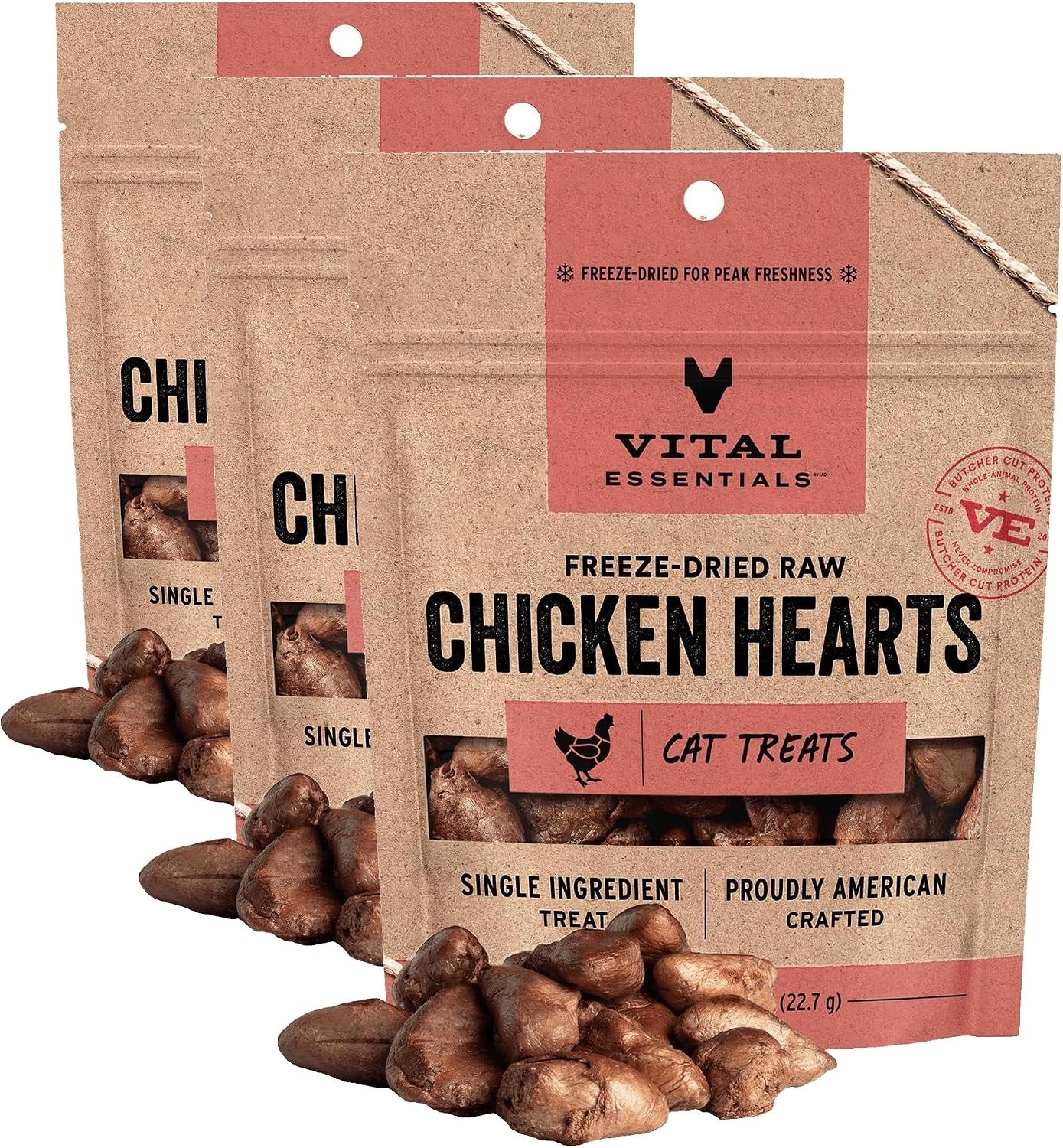 image:imageVital Essentials Freeze Dried Raw Chicken Hearts Cat Treats 08 oz Bag Single Ingredient Premium Quality Protein GrainFree USA Made with US amp Globally Sourced IngredientsChicken