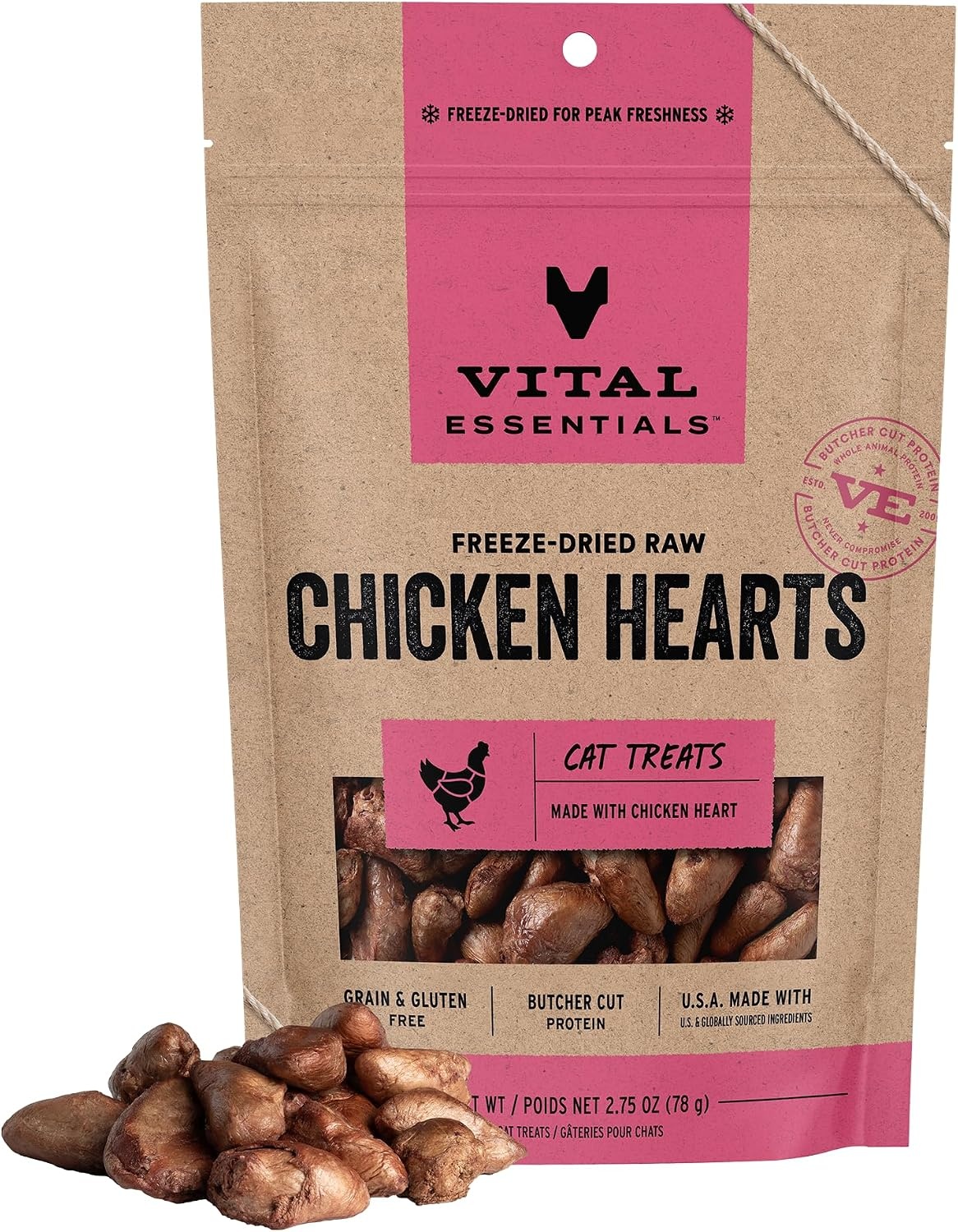 image:imageVital Essentials Freeze Dried Raw Chicken Hearts Cat Treats 08 oz Bag Single Ingredient Premium Quality Protein GrainFree USA Made with US amp Globally Sourced IngredientsChicken