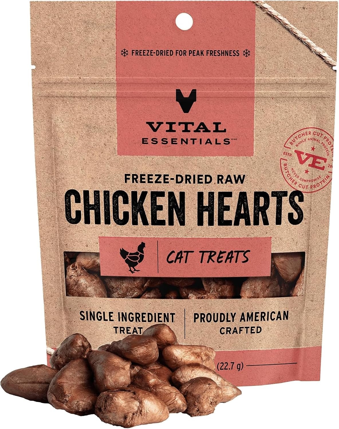 image:imageVital Essentials Freeze Dried Raw Chicken Hearts Cat Treats 08 oz Bag Single Ingredient Premium Quality Protein GrainFree USA Made with US amp Globally Sourced IngredientsChicken