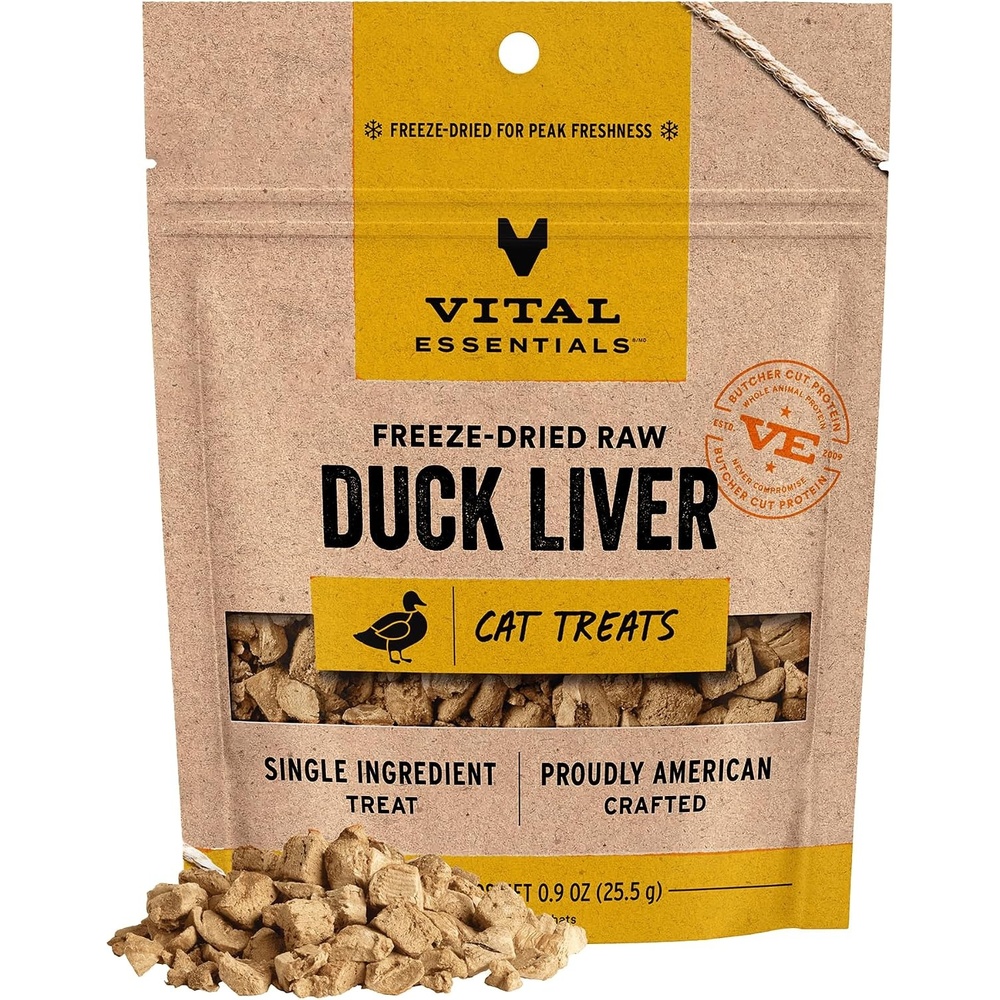 image:imageVital Essentials Freeze Dried Cat Treats Duck Liver 09 oz Bag Single Ingredient Premium Quality Protein Grain Free Healthy Treats USA Made with US amp Globally Sourced IngredientsDuck Liver