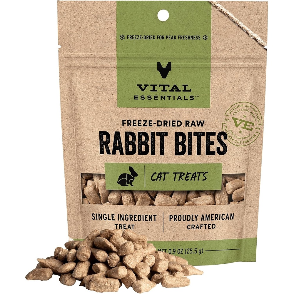 image:imageVital Essentials Freeze Dried Cat Treats Rabbit Bites 09 oz Bag Crunchy Single Ingredient Premium Quality Protein Grain Free USA Made with US amp Globally Sourced IngredientsRabbit