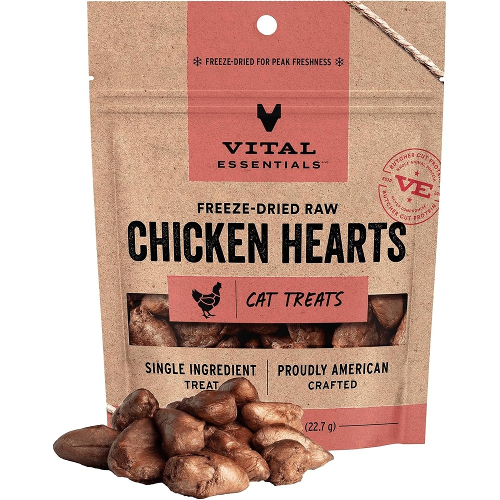 image:imageVital Essentials Freeze Dried Raw Chicken Hearts Cat Treats 08 oz Bag Single Ingredient Premium Quality Protein GrainFree USA Made with US amp Globally Sourced IngredientsChicken