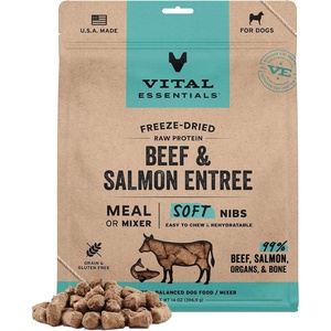 Vital Essentials Freeze Dried Dog Food, Beef Nibs, 14 oz Bag(Beef & Salmon)