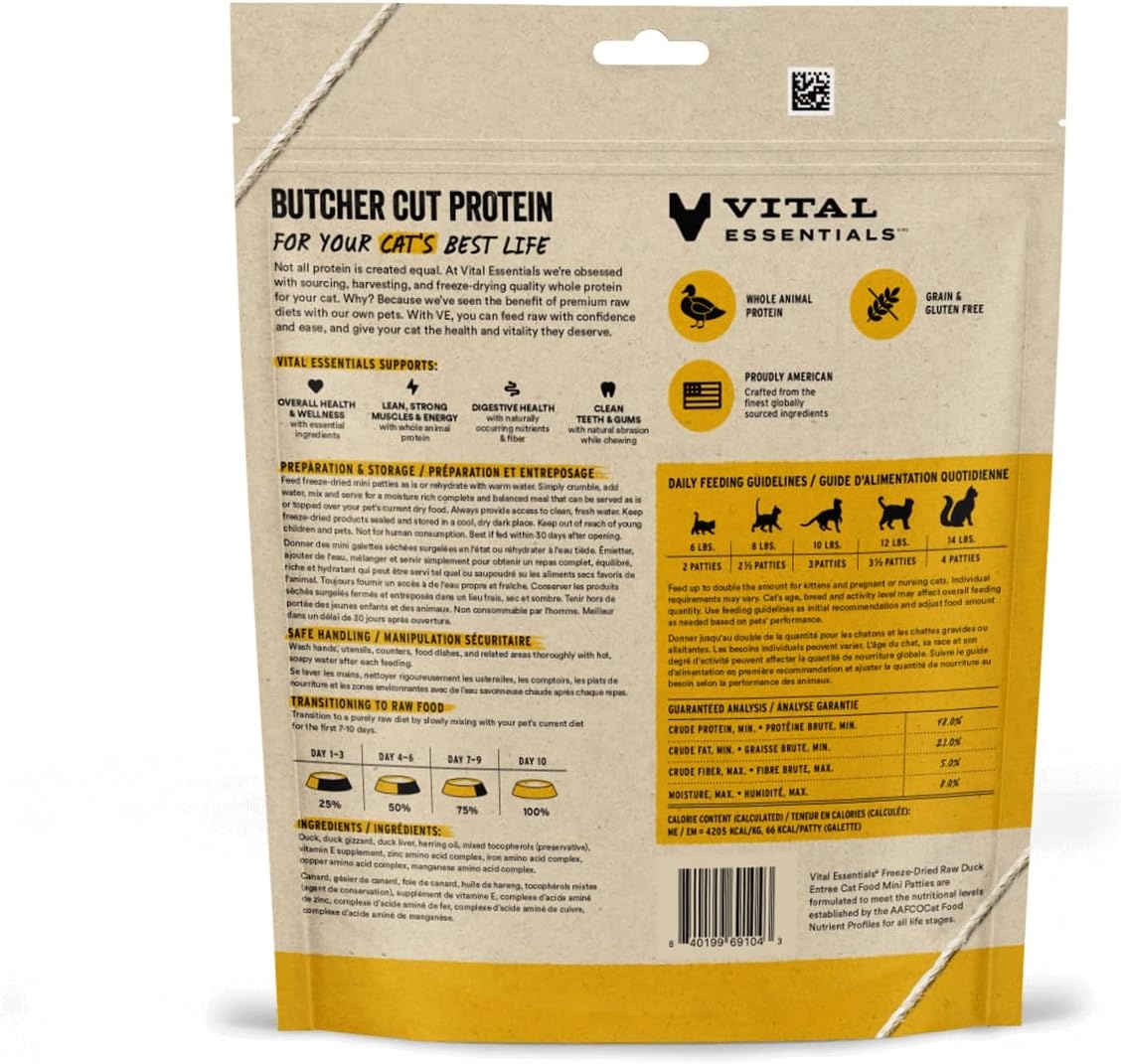 image:imageVital Essentials Freeze Dried Cat Food Chicken Mini Patties 8 oz BagDuck