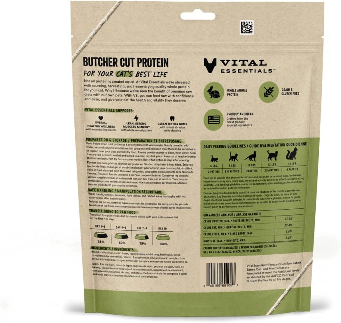 image:imageVital Essentials Freeze Dried Cat Food Chicken Mini Patties 8 oz BagRabbit