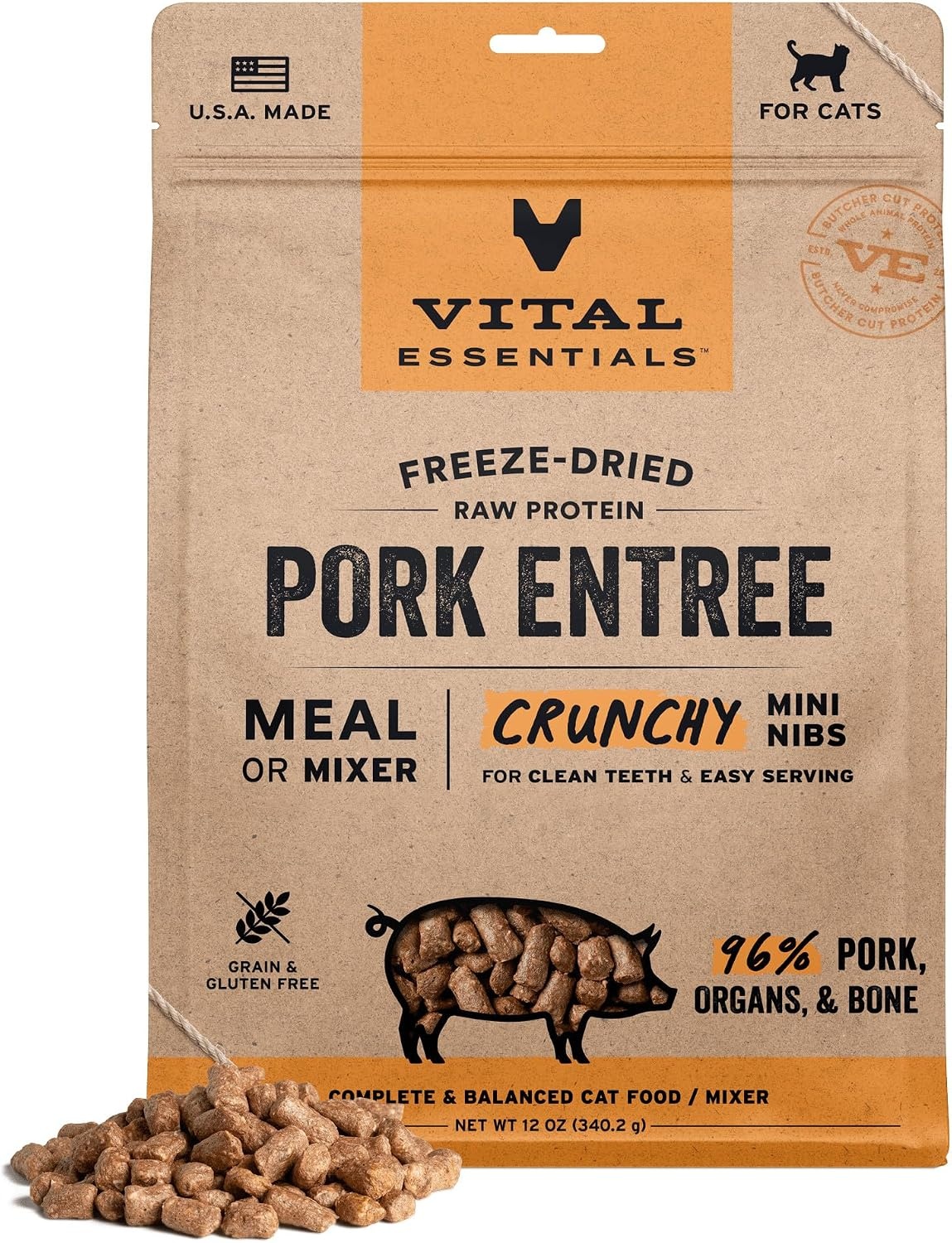 image:imageVital Essentials Freeze Dried Cat Food Duck Mini Nibs 12 oz BagPork