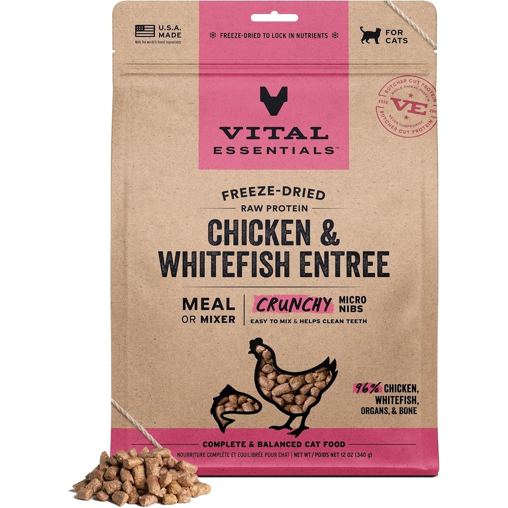 image:imageVital Essentials Freeze Dried Cat Food Pork amp Lamb Nibs 12 oz BagChicken Whitefish