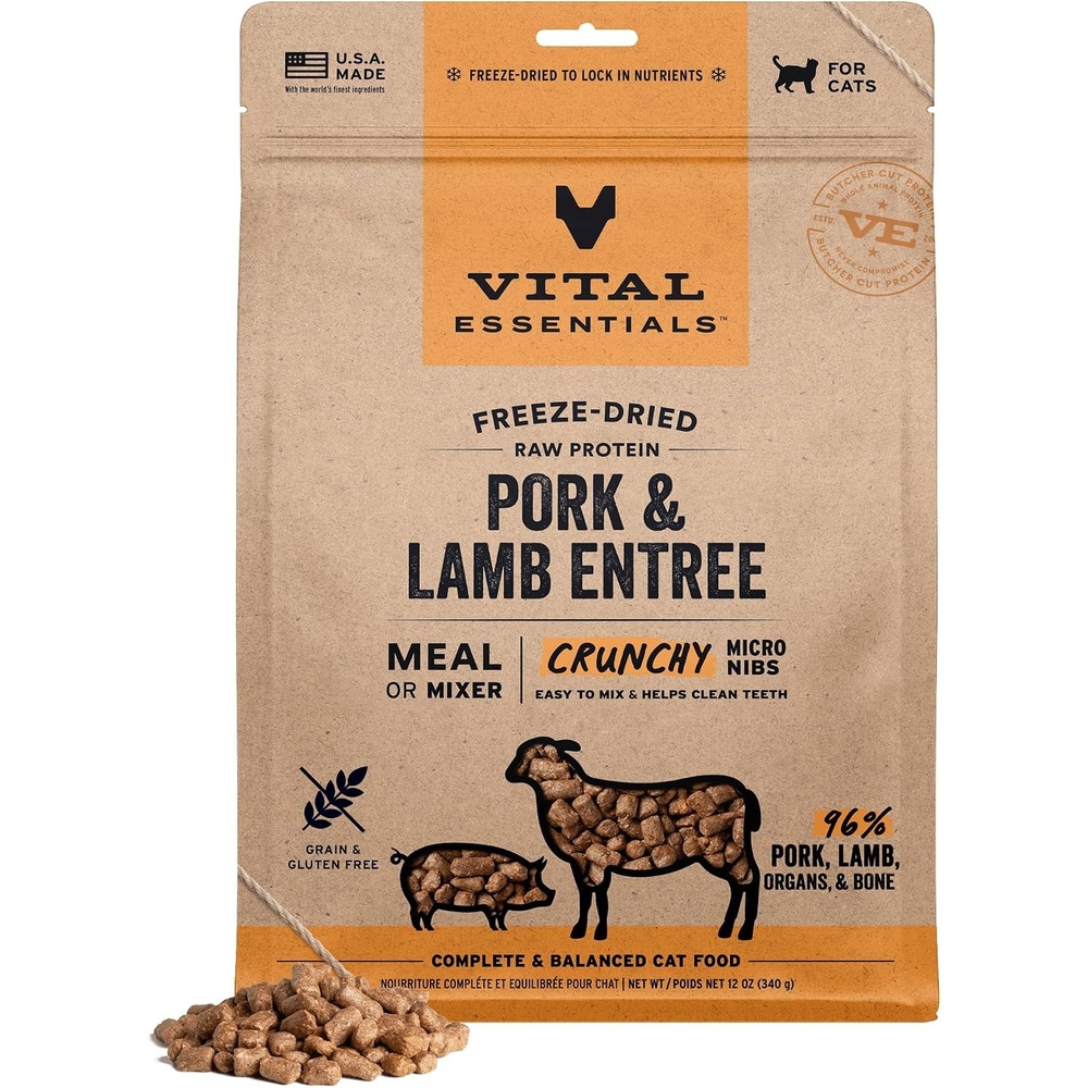image:imageVital Essentials Freeze Dried Cat Food Pork amp Lamb Nibs 12 oz BagPork Lamb